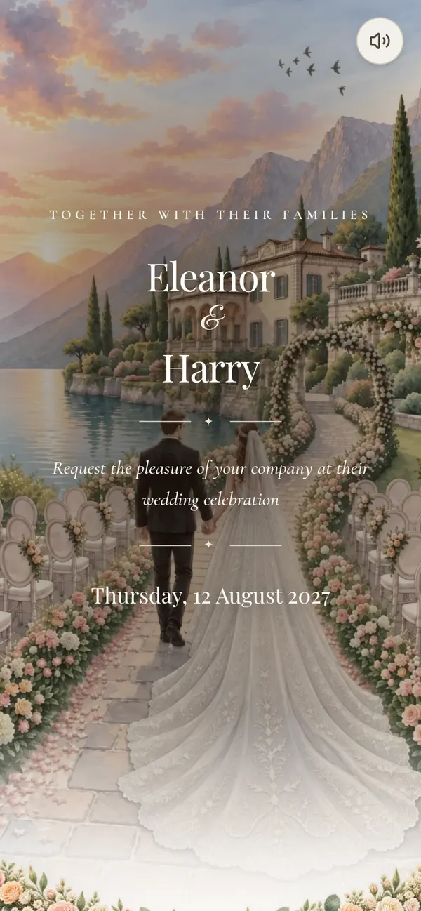 Sample names over a watercolour Lake Como, with a villa and a rose-lined aisle, in the Amore Lario sample invitation
