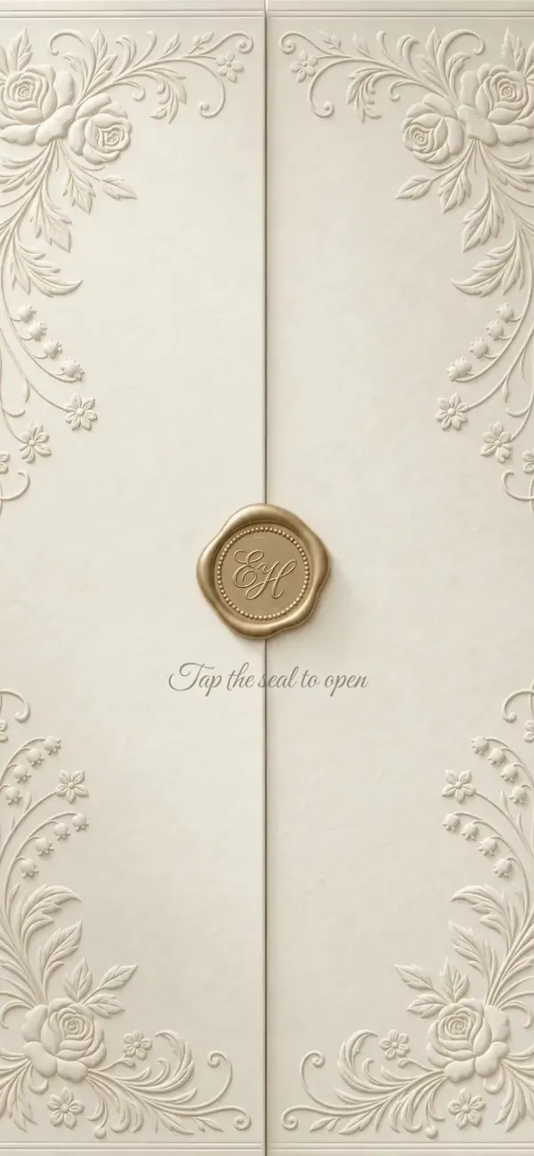A gold wax seal on closed ivory doors in the Amore Lario sample invitation