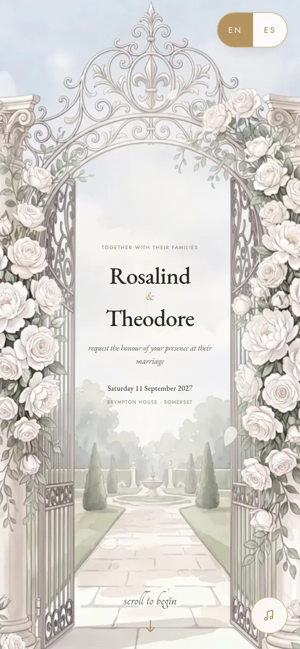 Sample names inside an open gate of white roses in the Blanc Garden sample invitation
