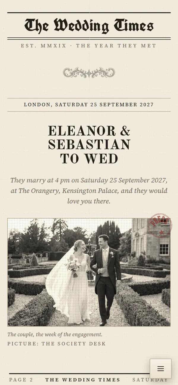 The front page of The Wedding Times sample invitation, with a masthead, a sepia photograph and a red PRESS stamp